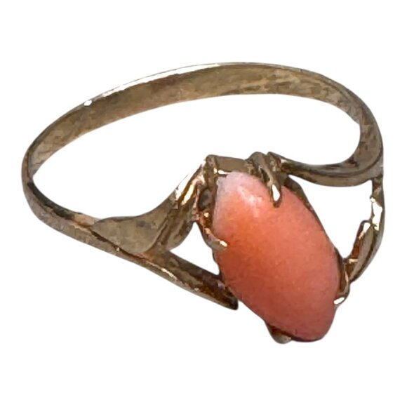 Vintage Coral Gemstone Ring In Elegant 14K Gold Setting Unique Marquise Cut 8.5 - Picture 7 of 10